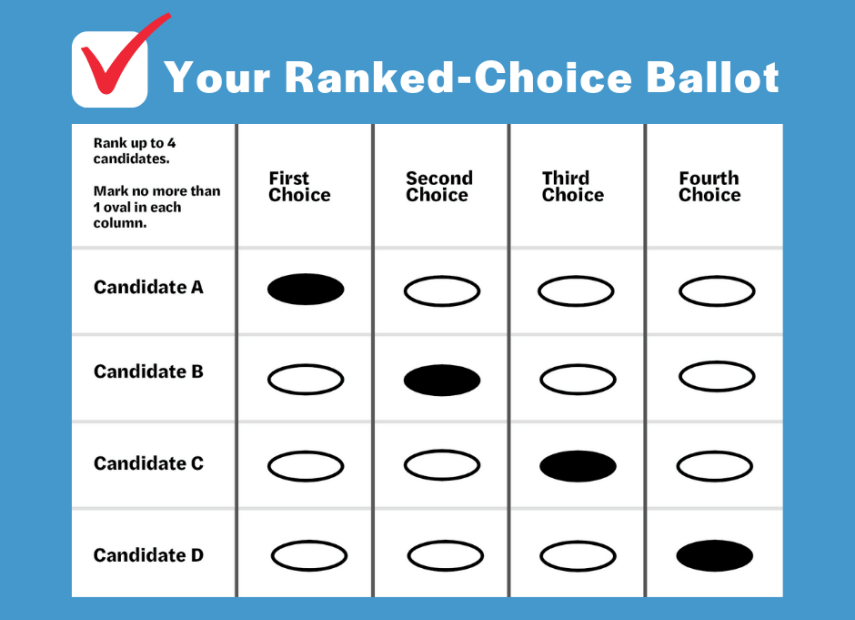 RCV (ranked choice voting) sample ballot filled in